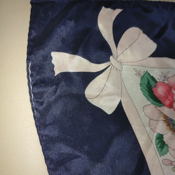 Flowers Floral Print Satin Square Scarf 30 by 30 Navy Border Bow Design - Picture 8 of 12